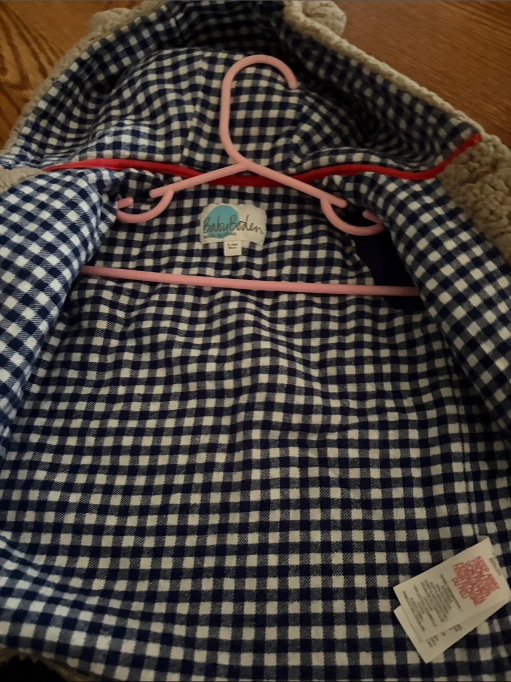 Baby Boden Cream Sherpa Hooded Jacket with Gingham Lining and Ear Hood